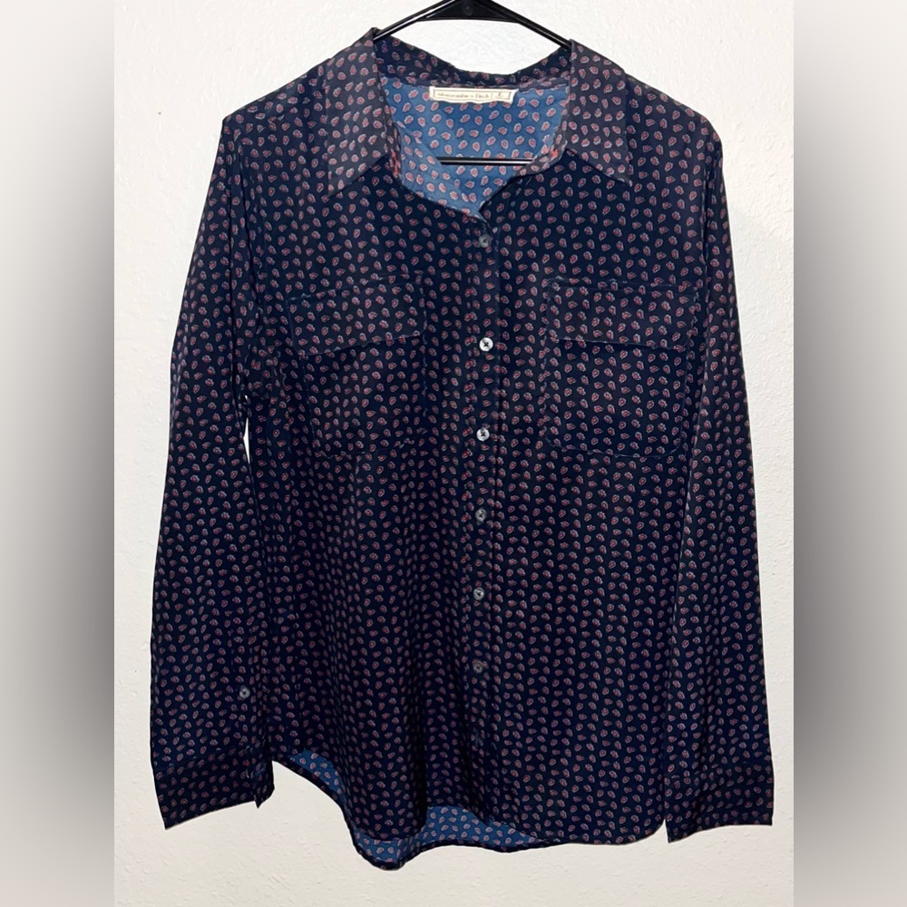 Abercrombie & Fitch Women's Navy Blue Long Sleeve Collar Blouse‎ Size Large EUC